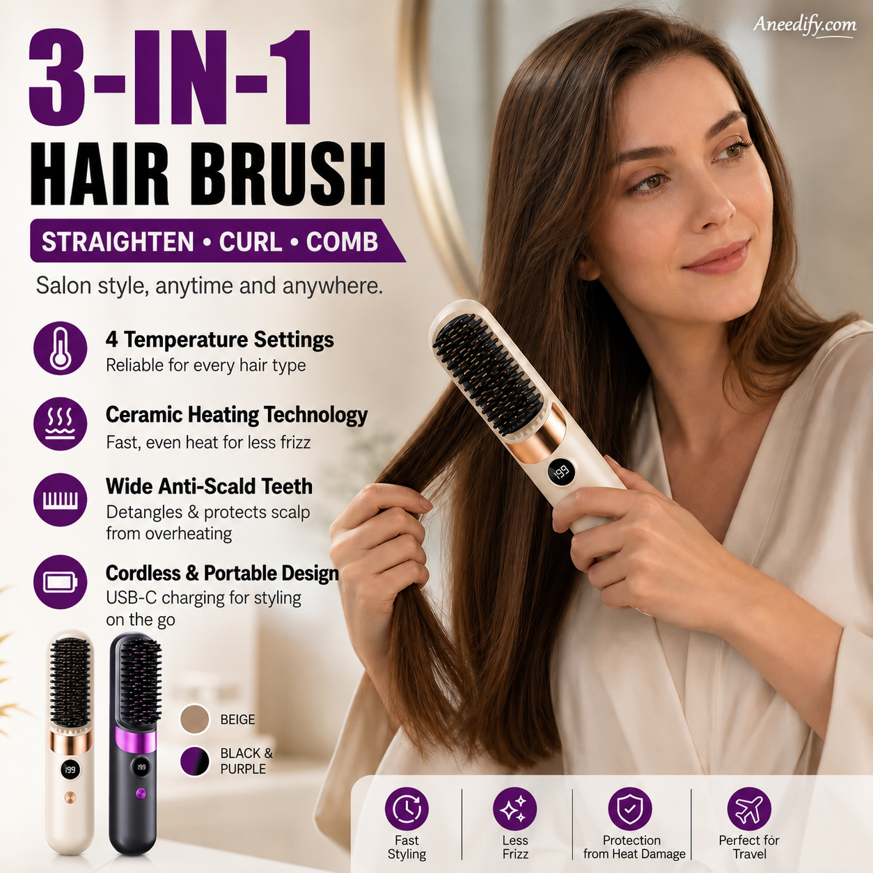 🔥HOT SALE 50% OFF💇‍♀️🔥 3-in-1 Cordless Hair Straightening Brush – Straighten, Curl & Detangle – USB-C Rechargeable with 4 Heat Settings – Perfect Hair Anywhere! ✨