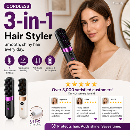 🔥HOT SALE 50% OFF💇‍♀️🔥 3-in-1 Cordless Hair Straightening Brush – Straighten, Curl & Detangle – USB-C Rechargeable with 4 Heat Settings – Perfect Hair Anywhere! ✨