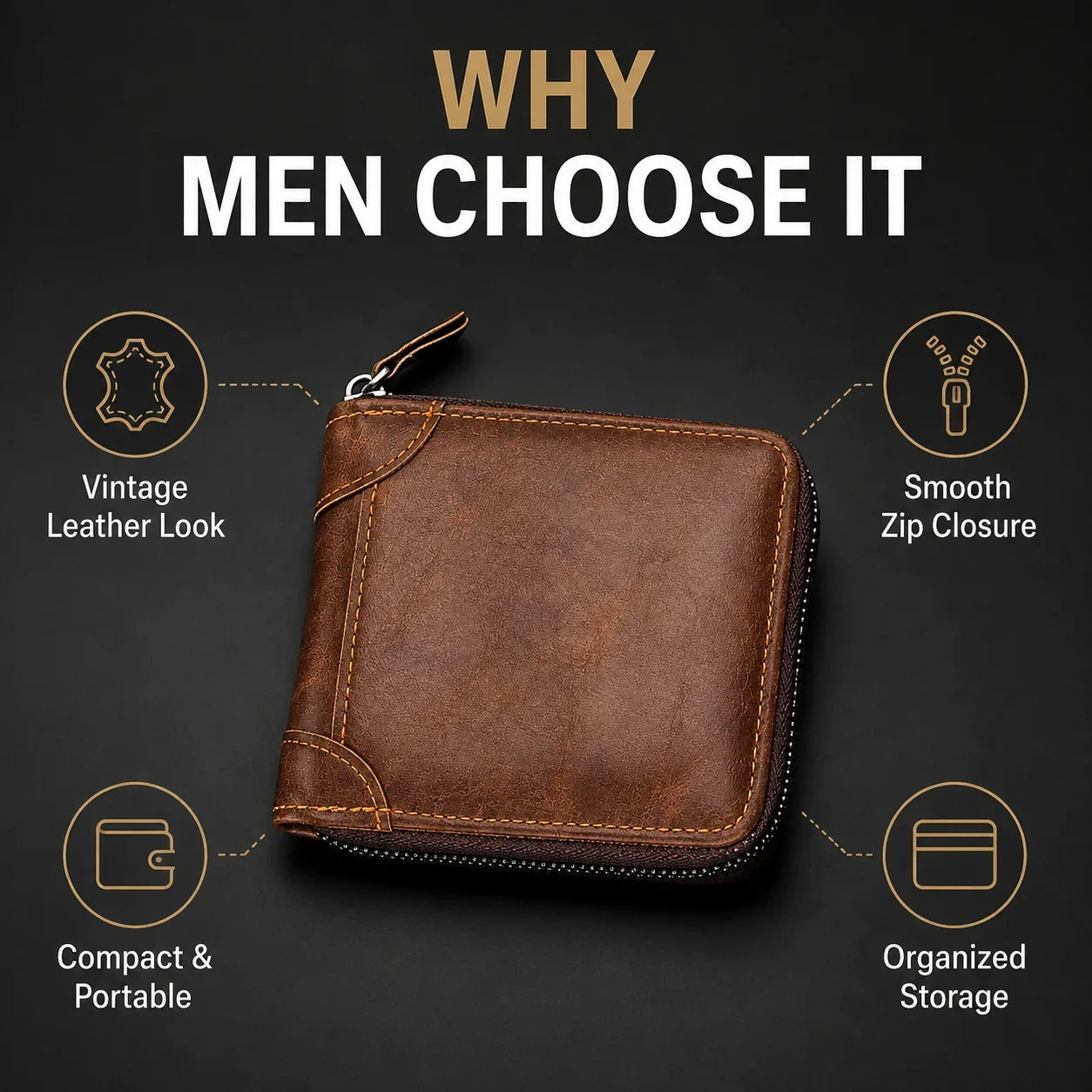 🏆 Last Day Special Price £9.78 !👛Vintage Men's Short Zip-Around Trifold Wallet