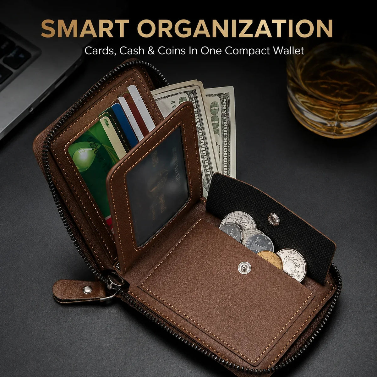 🏆 Last Day Special Price £9.78 !👛Vintage Men's Short Zip-Around Trifold Wallet