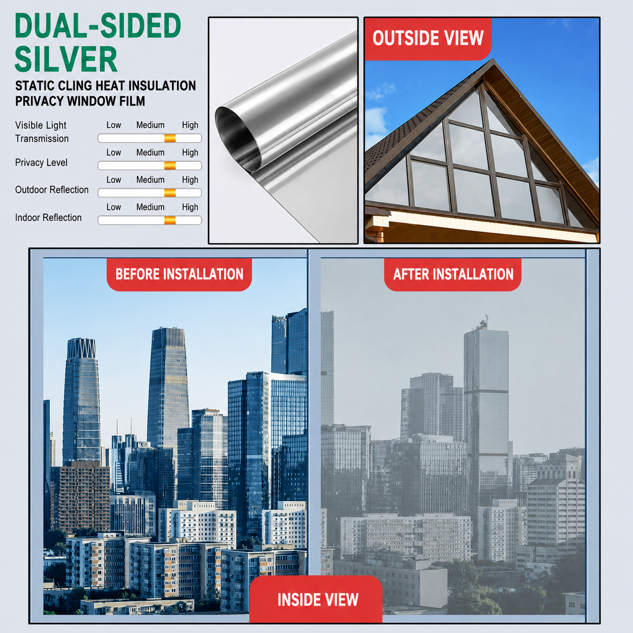 ☀️ One-Way Mirror Window Film – Heat Control & UV Protection