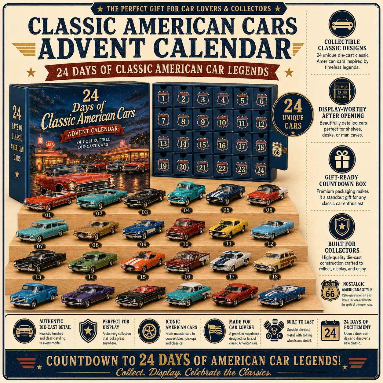 24 Days of Classic American Cars Advent Calendar – 24 Vintage Ride Collectibles for Car Lovers