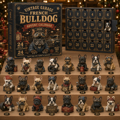 CHRISMAST KICKOFF 48% OFF - Vintage Garage Frenchie Advent Calendar 2026 – 24 Days of Mechanic Surprises, Acrylic Charms Blind Box - Gift For Dog Lovers