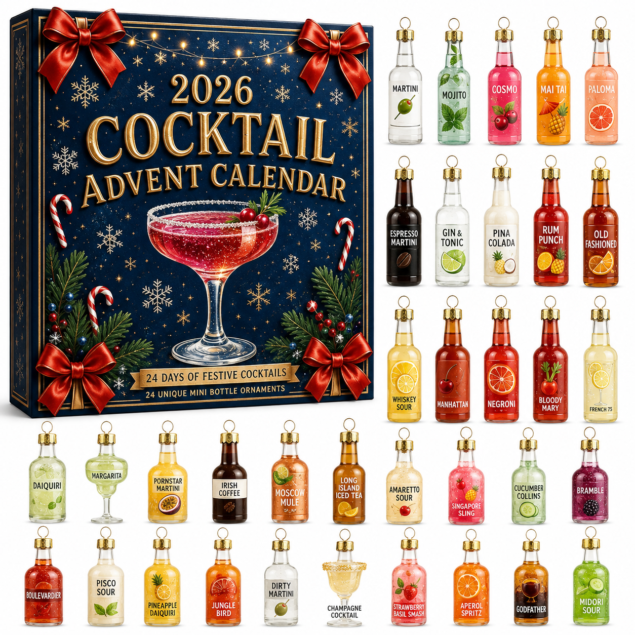 🎄 2026 Cocktail Advent Calendar – 24 Mini Cocktail Bottle Ornaments Blind Box 🍸