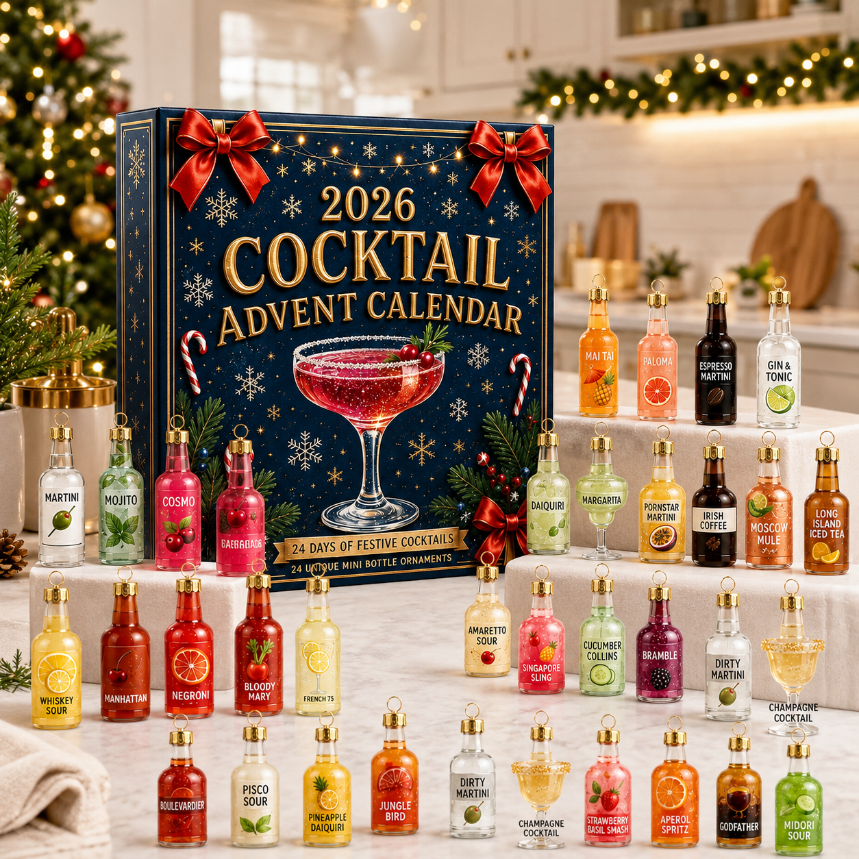 🎄 2026 Cocktail Advent Calendar – 24 Mini Cocktail Bottle Ornaments Blind Box 🍸