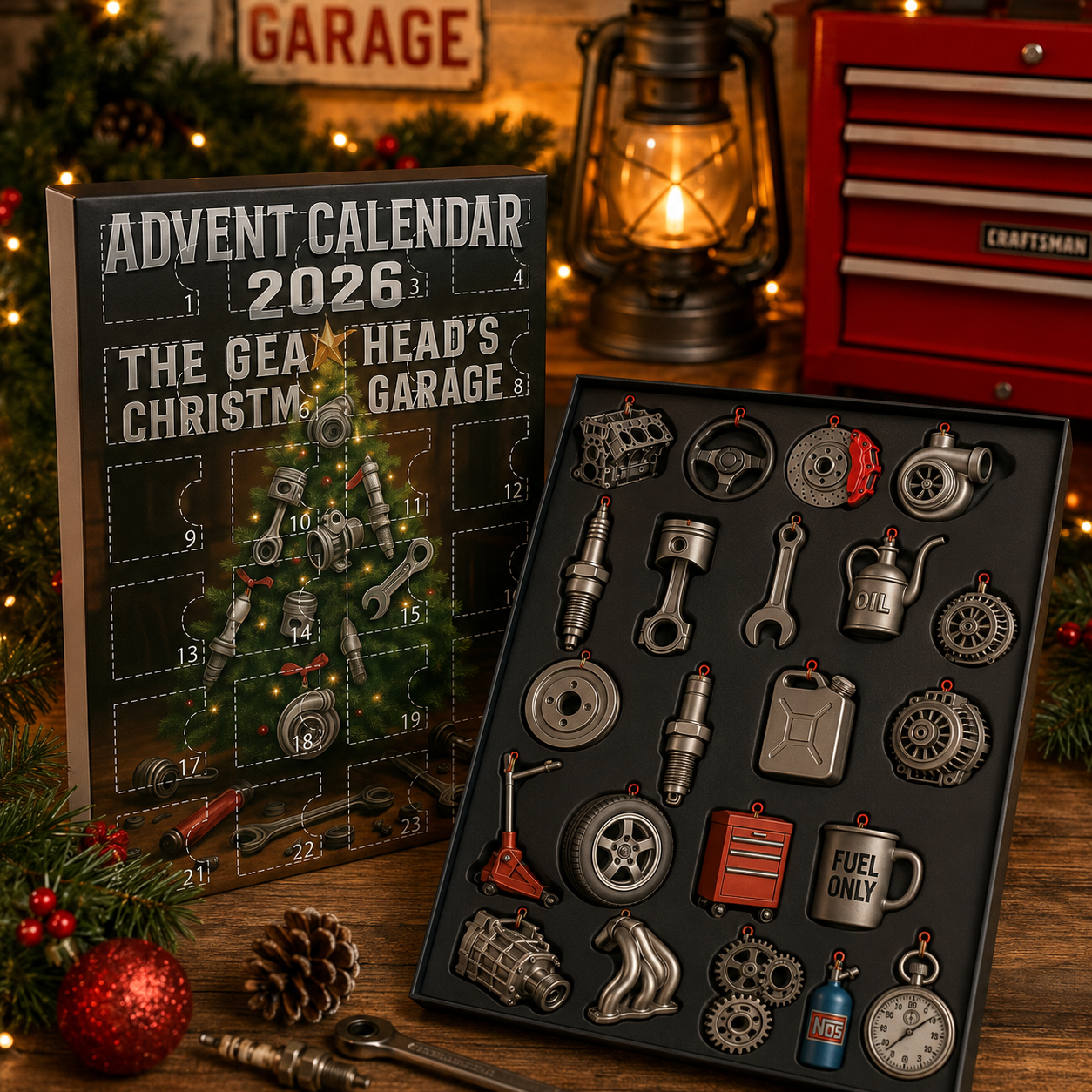 CHRISTMAS KICKOFF: 48% OFF – 2026 Gearhead’s Christmas Garage Advent Calendar – 24 Days of Automotive Parts Surprises, Acrylic Ornaments Blind Box – Gift for Car Lovers