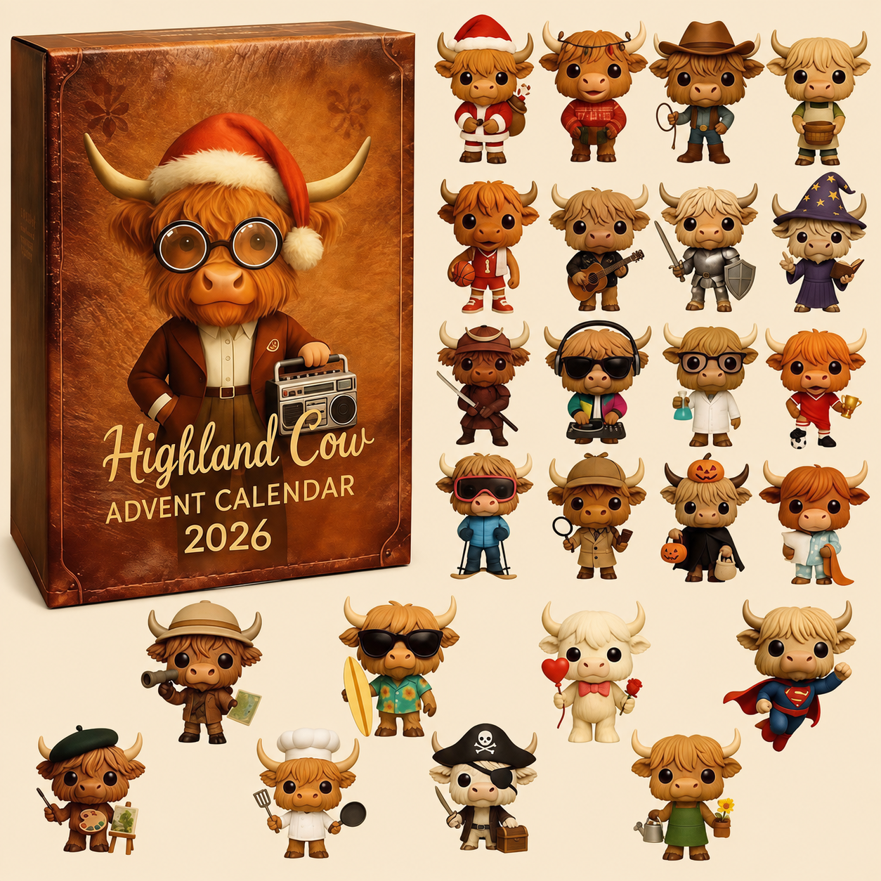2026 Highland Cow Christmas Chronicles – 24 Days of Highland Adventures, Festive Cow Collectibles Acrylic Blind Box