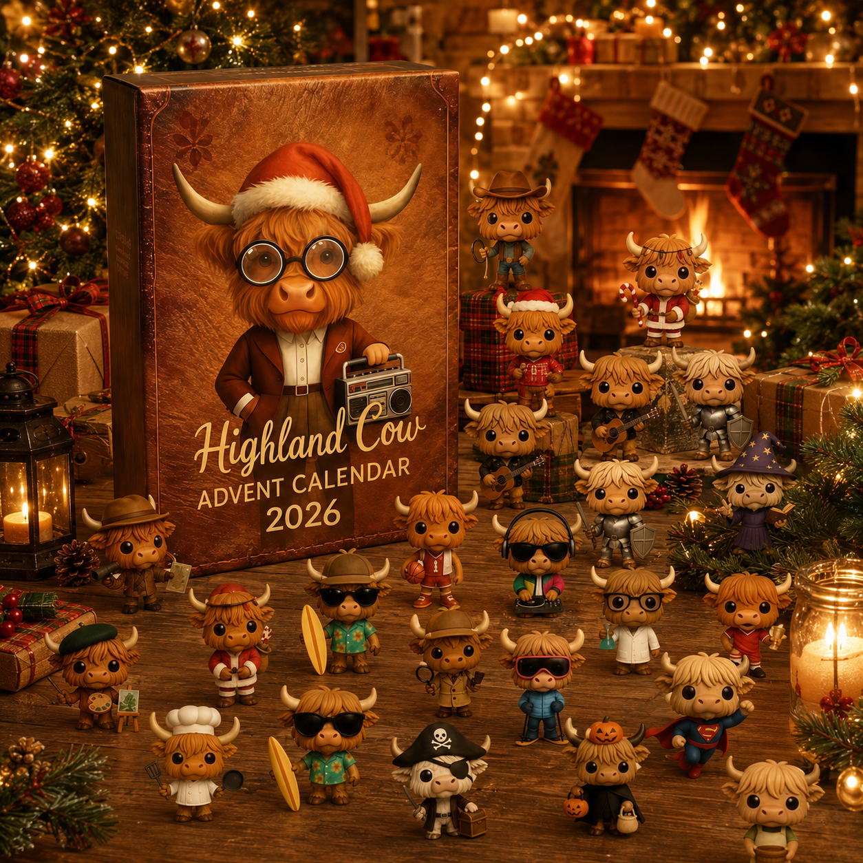 2026 Highland Cow Christmas Chronicles – 24 Days of Highland Adventures, Festive Cow Collectibles Acrylic Blind Box
