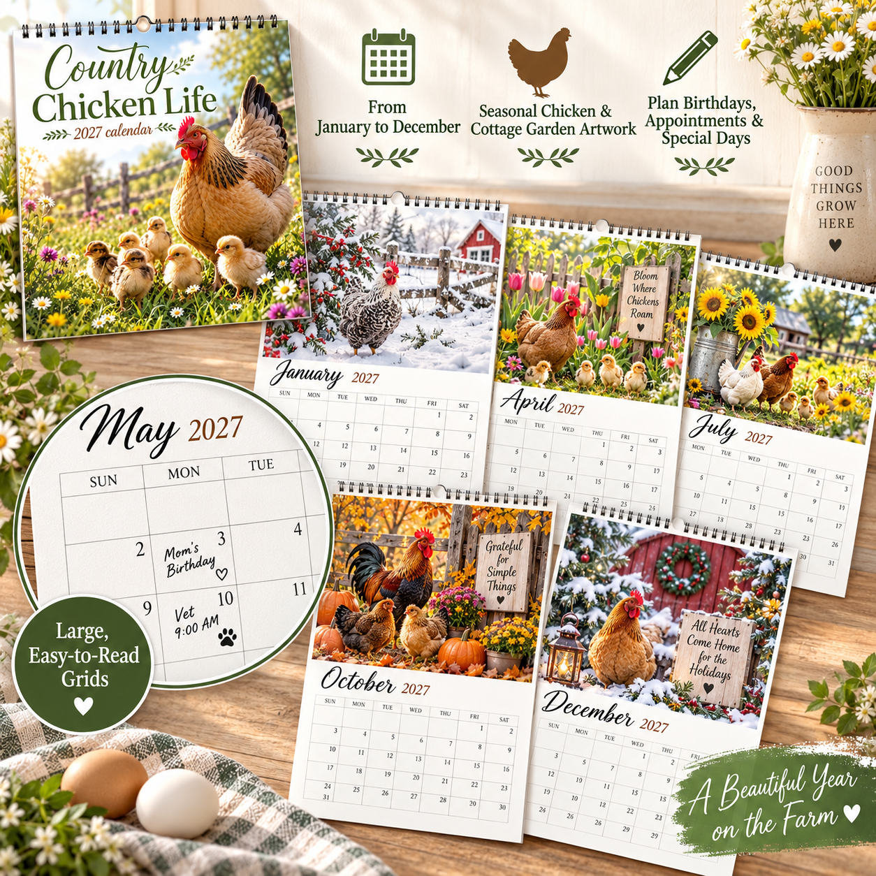 2027 Country Chicken Life Wall Calendar – 12 Months of Hens, Chicks & Countryside Charm