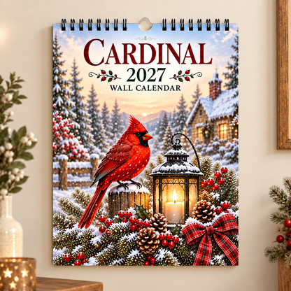 Cardinal 2027 Wall Calendar – 12‑Month Seasonal Art Calendar with Red Cardinals, Countryside Florals & Rustic Farmhouse Charm