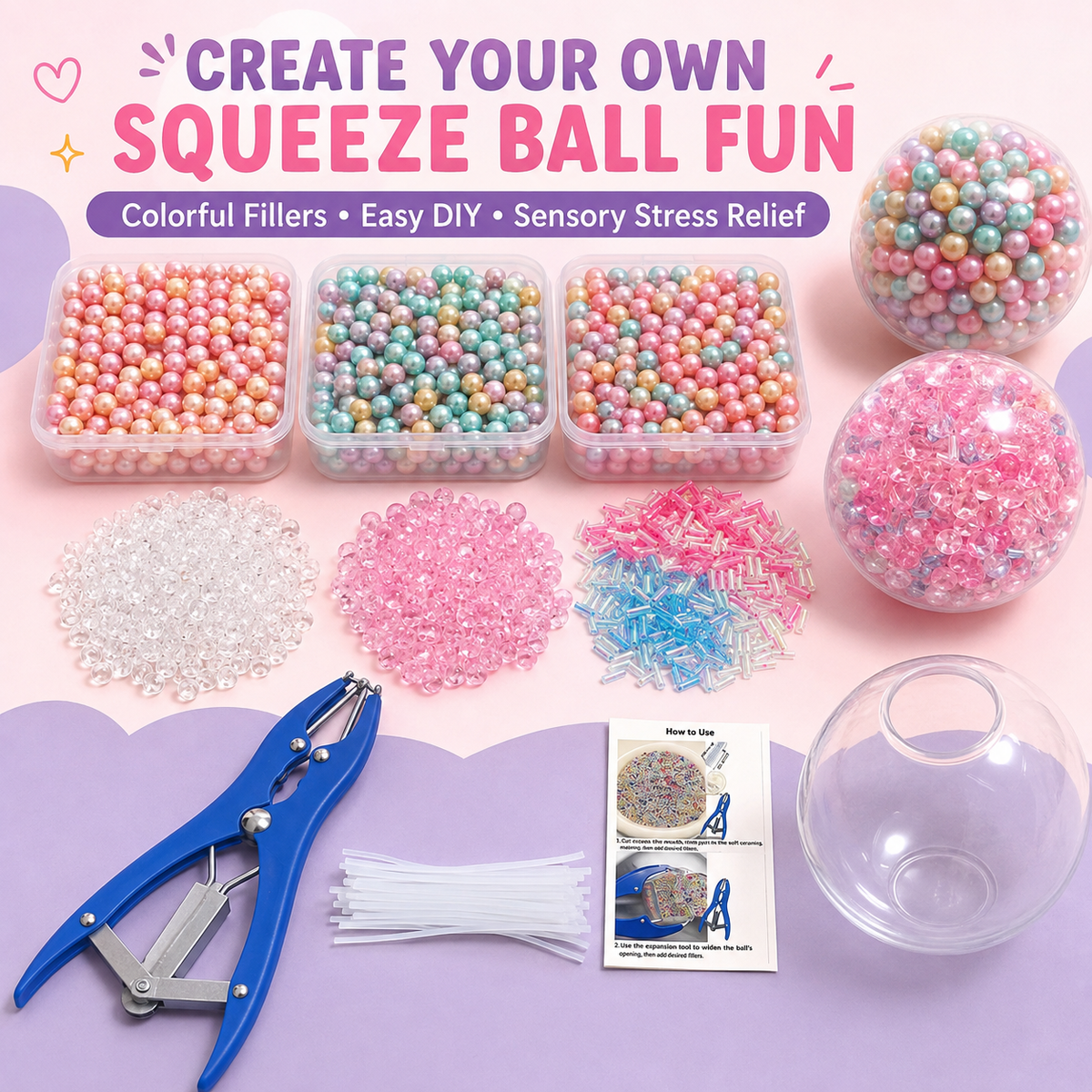 ✨ DIY Stress Ball Making Kit, Includes 6 Filling Packs, 10 Transparent Blank Soft Skins, Expansion Tool, Ideal for Adult Stress Relief, Squishy Maker