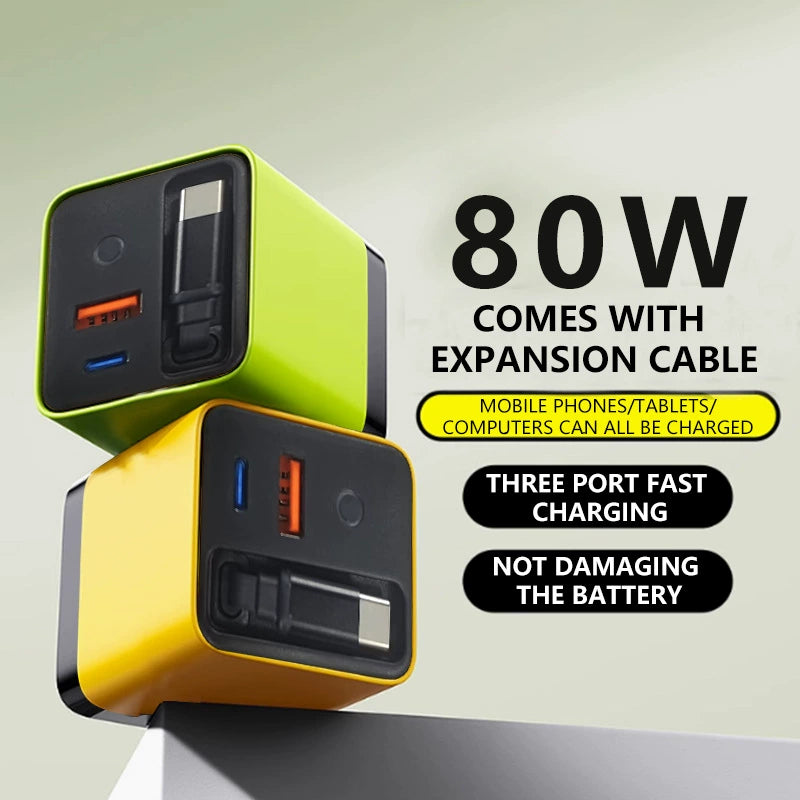 ⚡80W Fast Charging Phone Charger Block with Retractable 80cm Type-C Cable