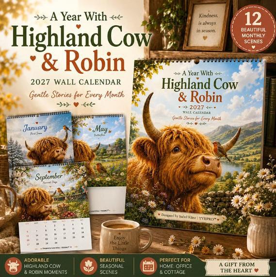 🐮🐦2027 Highland Cow & Robin A4 Wall Calendar – A Year of Gentle Countryside Moments
