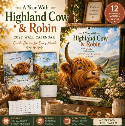 🐮🐦2027 Highland Cow & Robin A4 Wall Calendar – A Year of Gentle Countryside Moments
