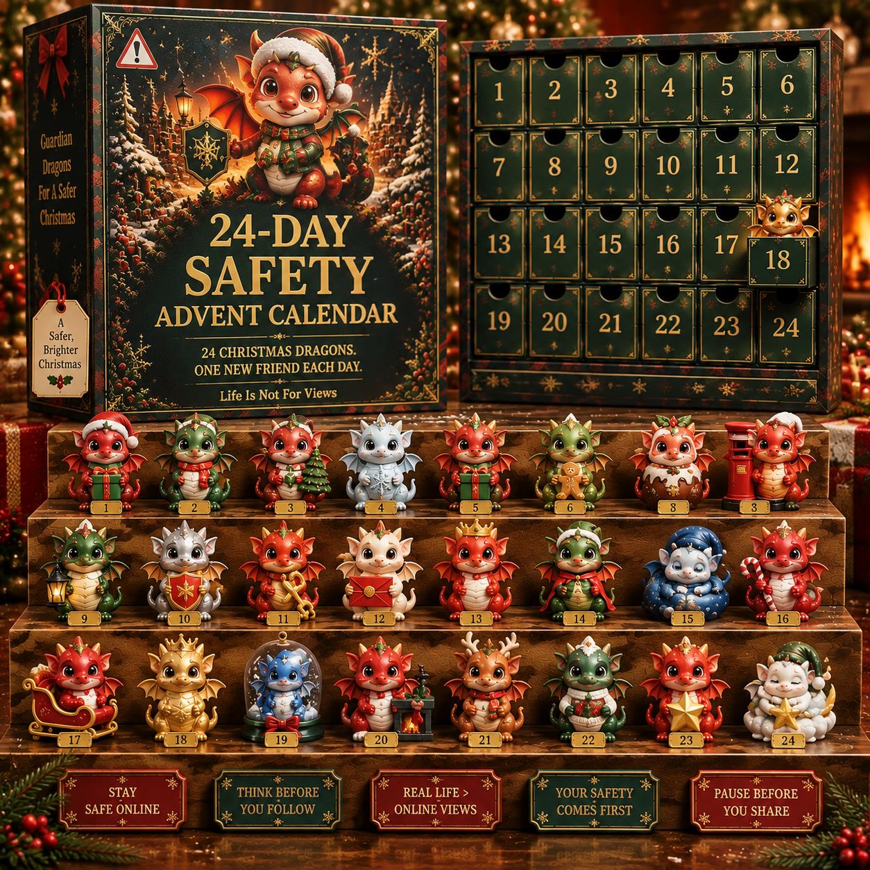 CHRISTMAS KICKOFF 49% OFF - 2026 Dragon Safety Advent Calendar - 24‑Day Festive Countdown, Dragon Themed Online‑Safety Collectible Miniatures Blind Box - Gift For Kids & Teens