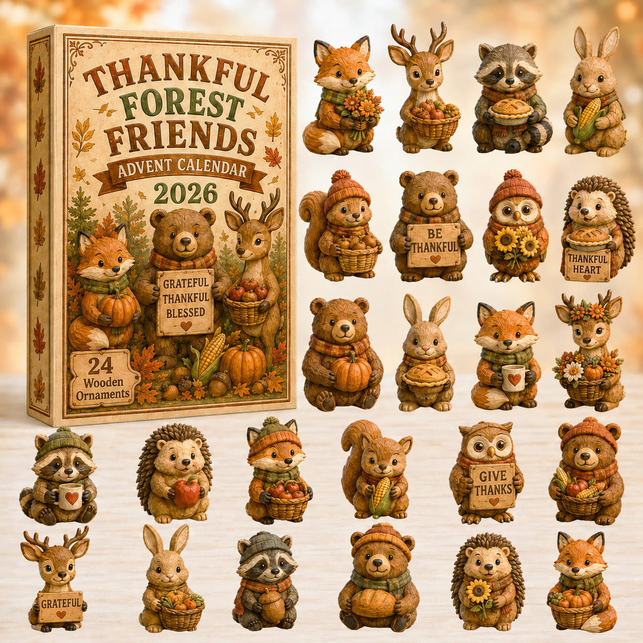 THANKSGIVING KICKOFF 40% OFF - Thankful Forest Friends Advent Calendar 2026 - 24-Day Festive Countdown, Wooden Charms Blind Box - Gift For Family & Friends AC0HT397