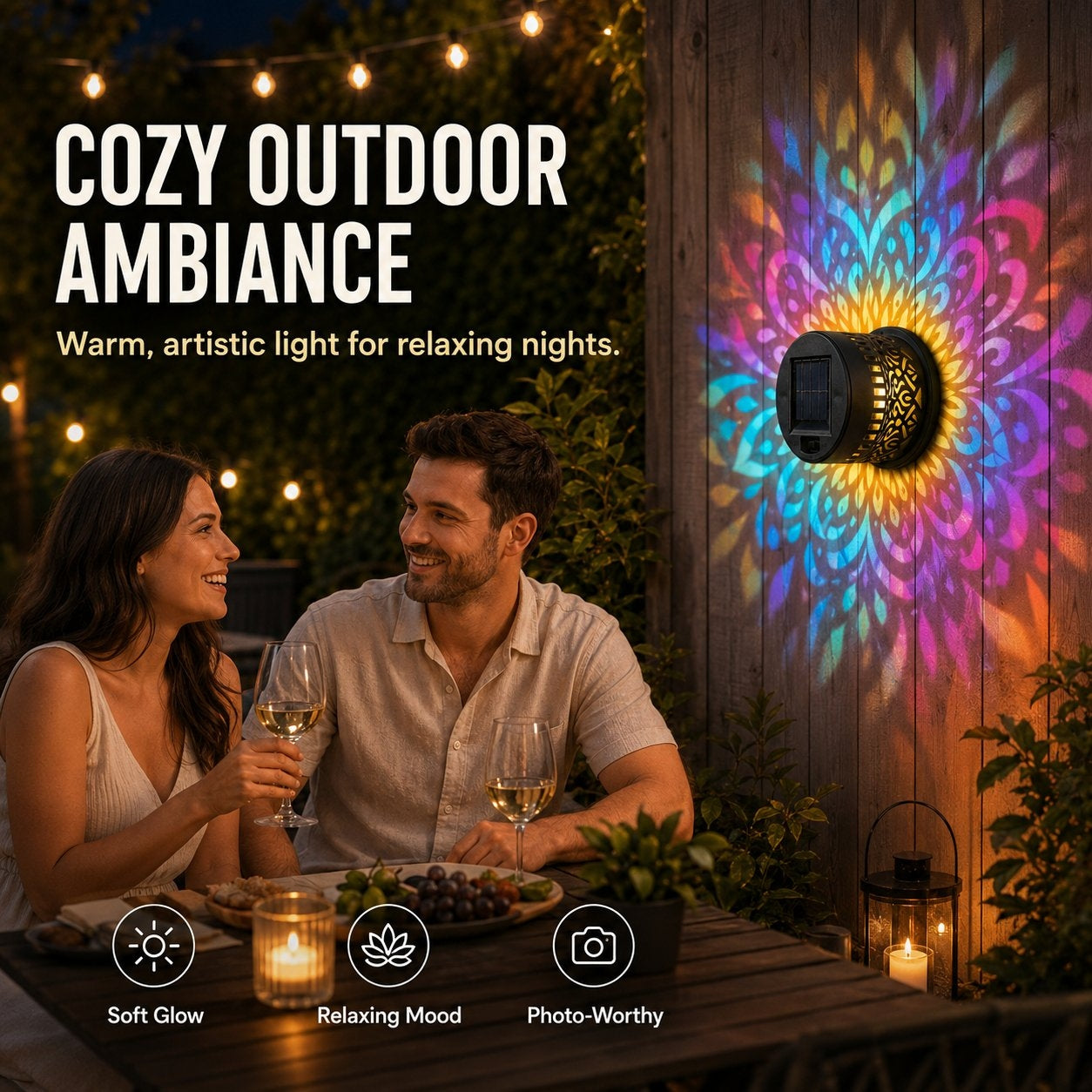 Solar Mandala Projector Wall Lights – Colorful Outdoor Garden Fence Lights 🌈✨