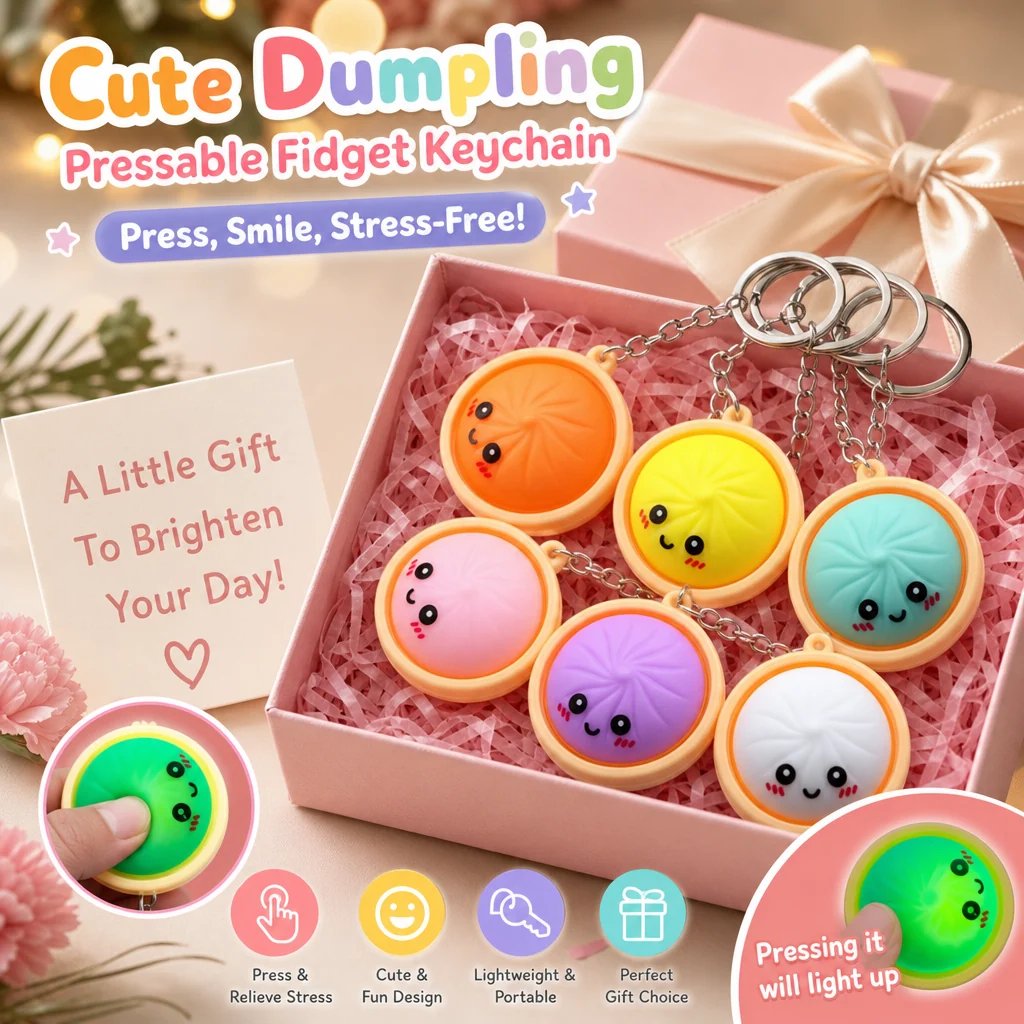 🏆 Last Day Special Price £8.99 ! 🔥Buy 1 Get 1 Free🎁Cute Dumpling Pressable Fidget Keychain - touch sensing light