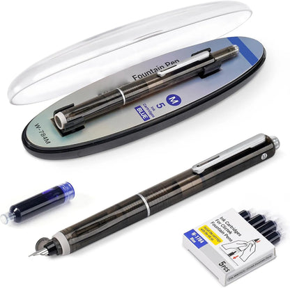 Fountain Pen Retractable:0.38mm Blue&Black Ink Transparent Barrel Includes 5 Refillable Ink Cartridges