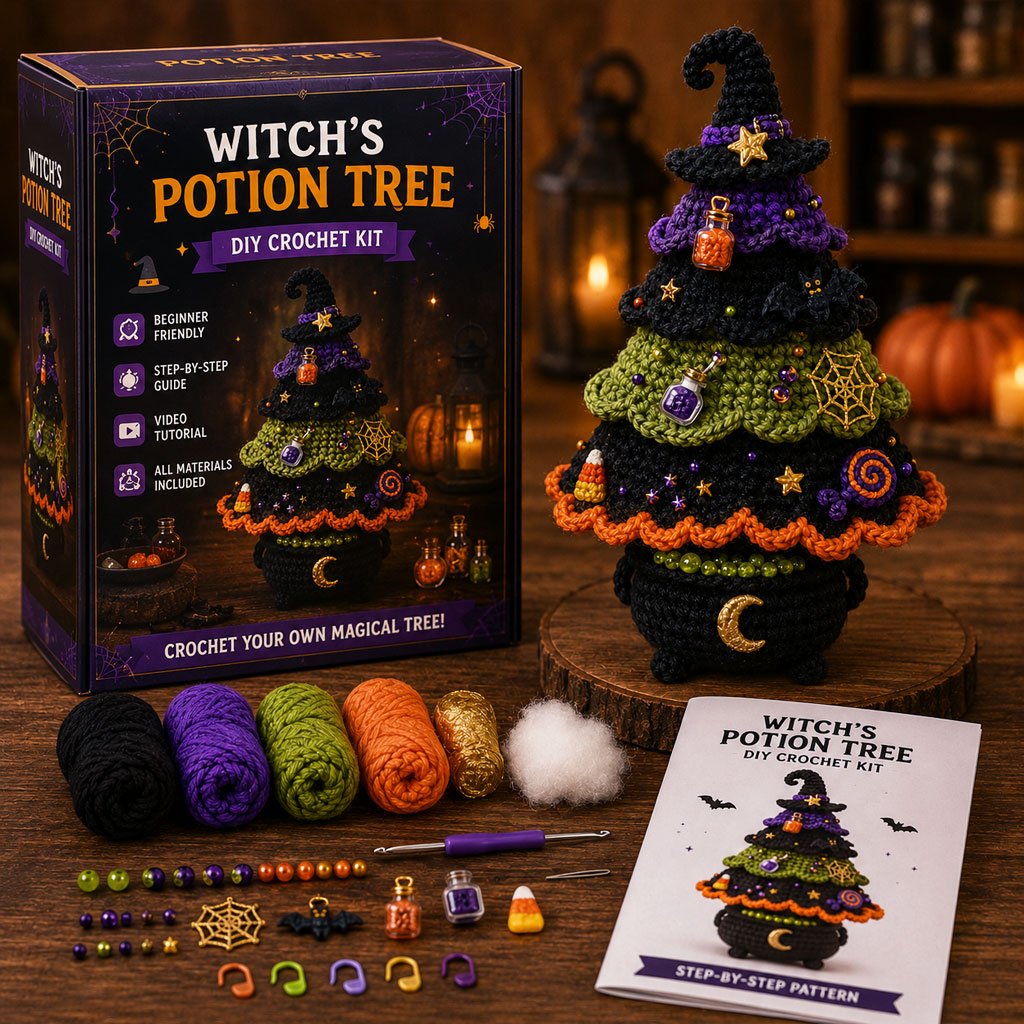 Halloween Tree DIY Crochet Kit | All-In-One Kit for a Layered 7-Inch Spooky Tabletop Decoration 🧶👻✨