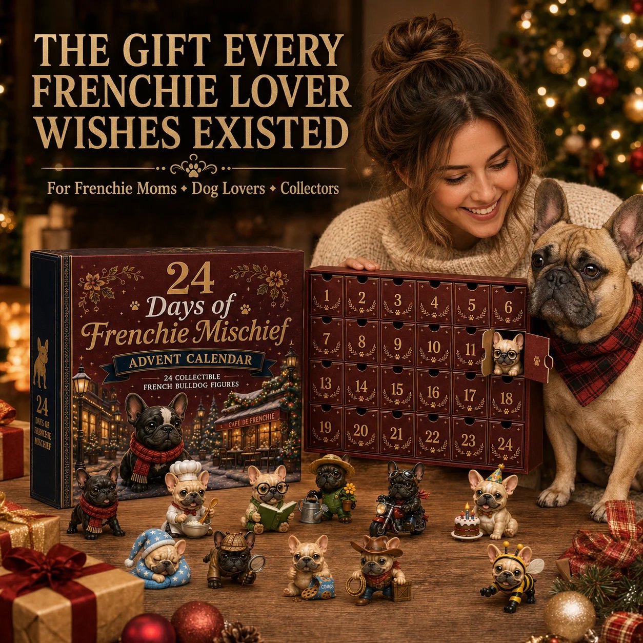 Pet lover holding the 2026 Frenchie Advent Calendar — real lifestyle scene