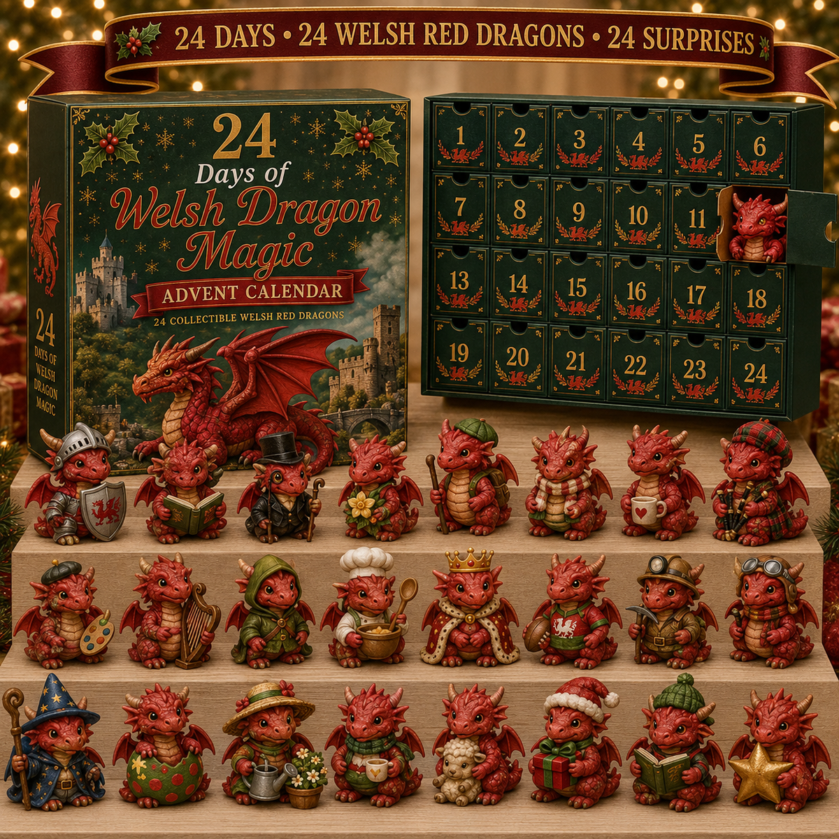 CHRISTMAS KICKOFF 49% OFF - 2026 Days of Welsh Dragon Magic Blind Box - 24-Day Festive Countdown, Welsh Red Dragon Collectible Figures Blind Box - Gift For Dragon Lovers