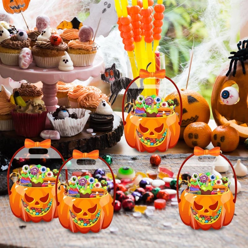 🎃Halloween Plastic Goodie Bags, Trick or Treat Candy Bags, Pumpkin Pattern Treat Bags, Halloween Party Favor Snack Storage Bags for Classroom, Birthday, Students, Teachers, Neighbors