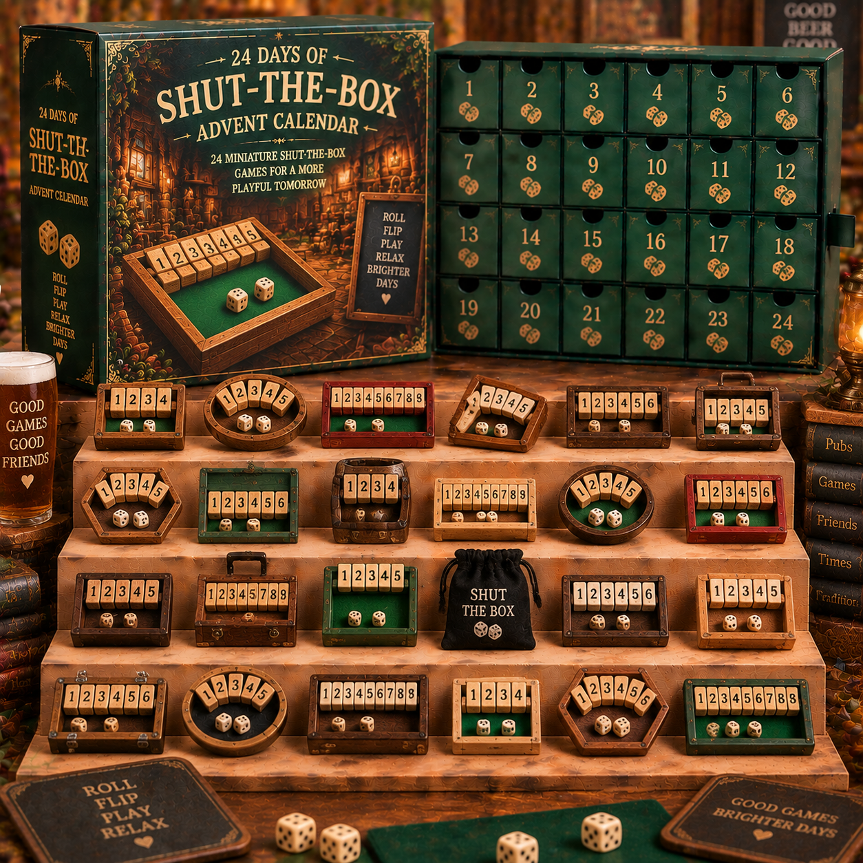 CHRISTMAS KICKOFF 49% OFF - 2026 Days of Shut‑The‑Box Blind Box - 24‑Day Festive Countdown, Shut‑The‑Box Themed Collectible Miniatures Blind Box - Gift For Traditional Pub Game Lovers