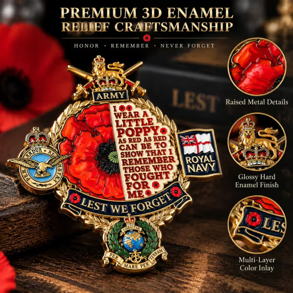 🌺🎖️ Remembrance Tribute Metal Badge — 3D Enamel Poppy Badge with Heritage-Inspired Design