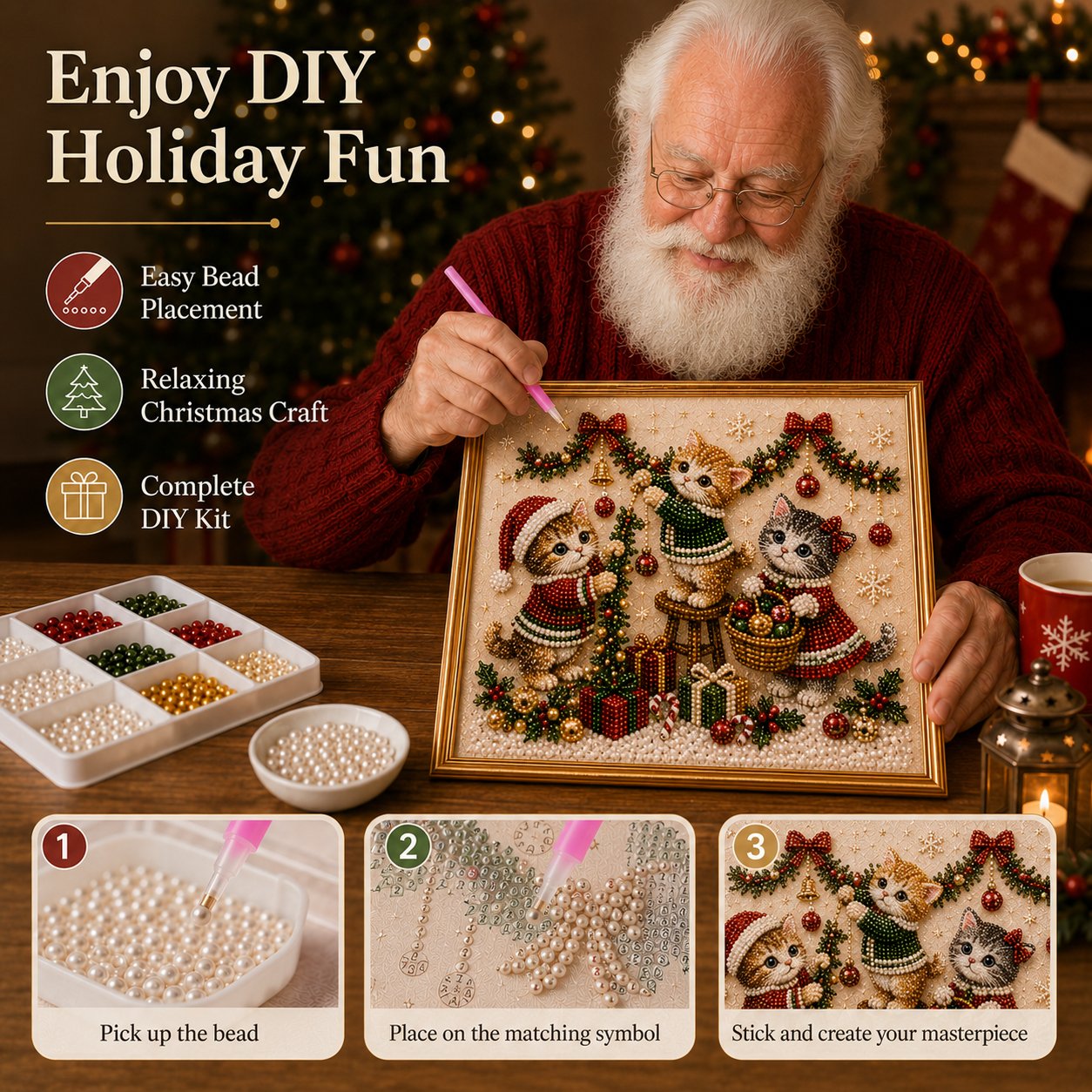 🎄🐾 LAST DAY 49% OFF – Premium 3D Pearl Christmas Kitty Art Kit | Luxury Flocked Canvas with Scratch-Resistant Non-Fading Pearl Beads DIY Holiday Decor 🎅🐱❄️