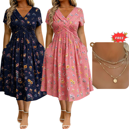 💃Summer Hot Sale 70% OFF🌿⏳Women's V-Neck Floral Print Dress with Twist Waist