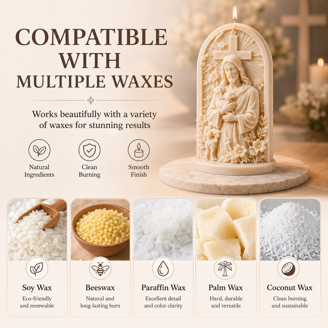 ⏳ Last Day 49% OFF – ✝️ 2-Piece Good Shepherd Jesus 3D Candle Mold Set | Sculpted Cross, Lamb & Floral Relief for Faith-Inspired Handmade Candles 🕯️✨