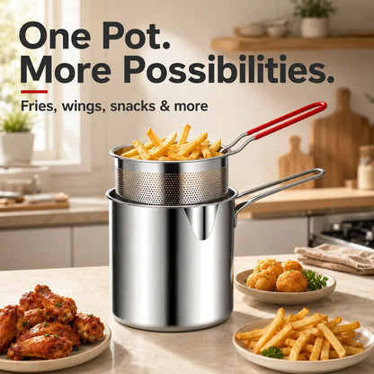 2026🔥🍟 Personal Mini Deep Fryer Set – Stainless Steel Pot with Lift-Out Draining Basket & Food Tongs
