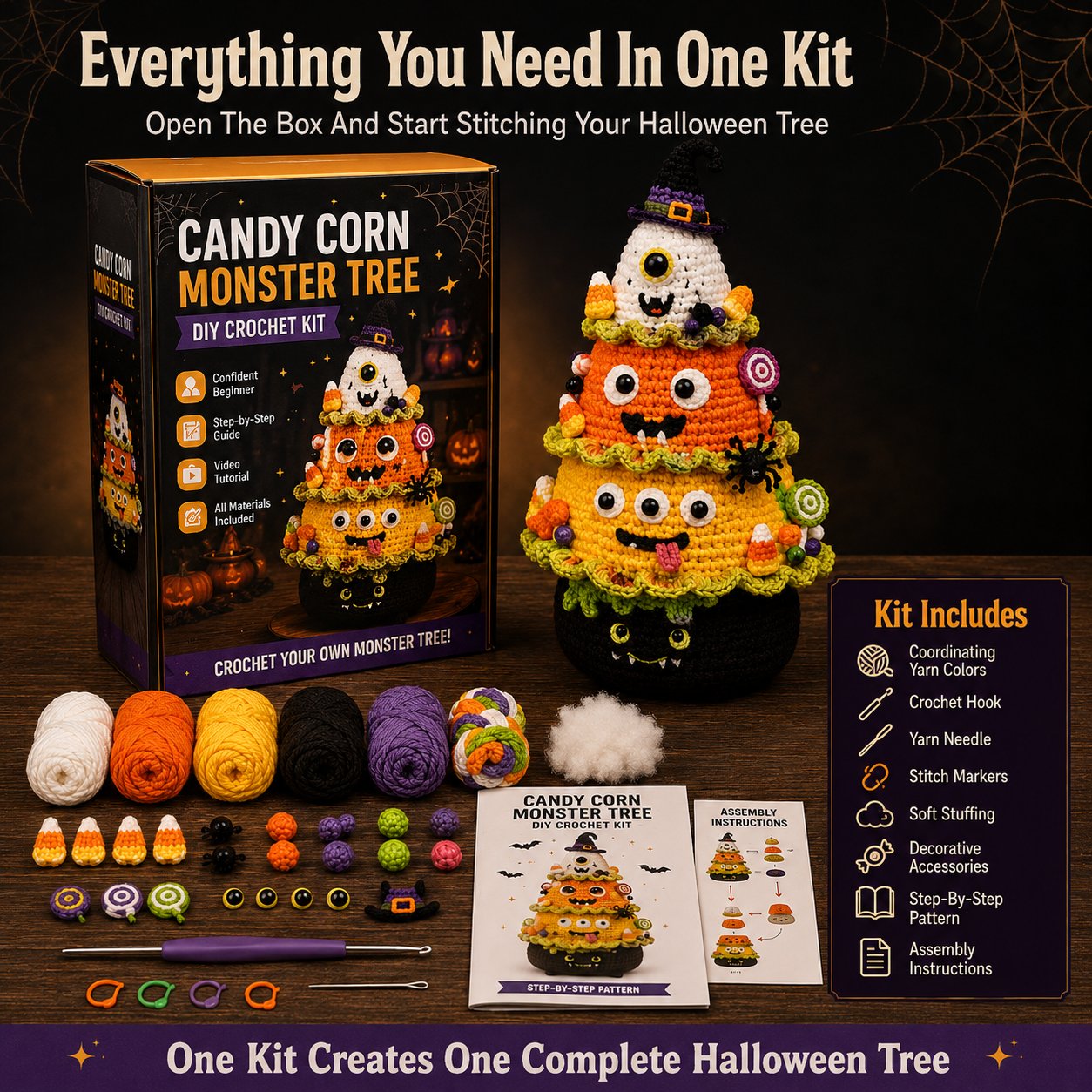 Halloween Tree DIY Crochet Kit | All-In-One Kit for a Layered 7-Inch Spooky Tabletop Decoration 🧶👻✨