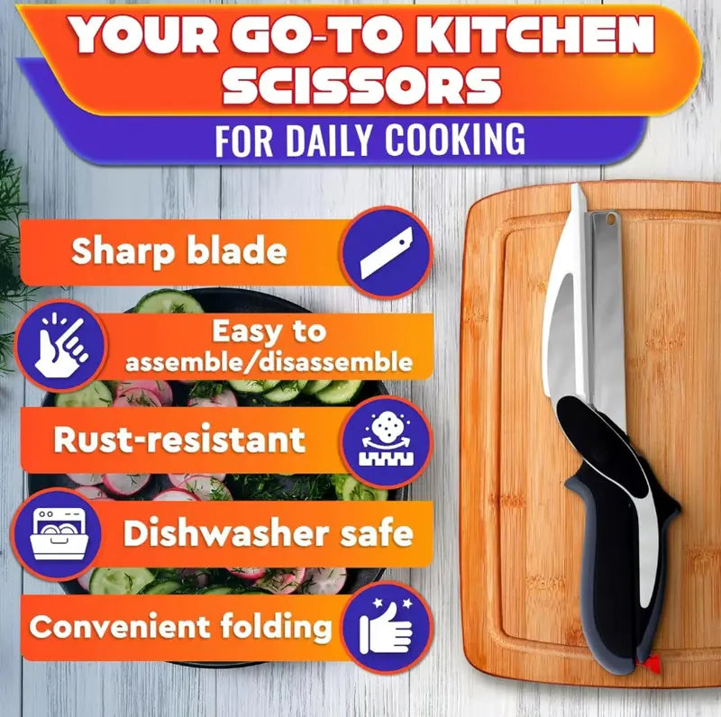 ✂️ 2 in 1 Kitchen Scissors for Food - Stainless Steel Cutting Board Scissors with Safety Lock