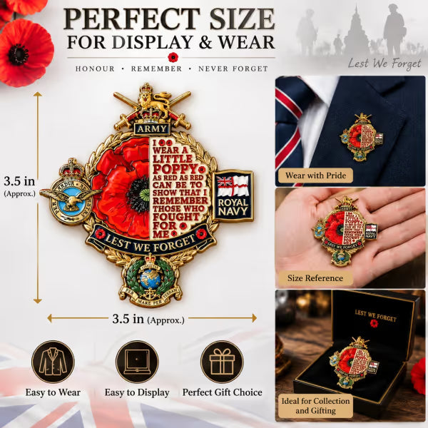 🌺🎖️ Remembrance Tribute Metal Badge — 3D Enamel Poppy Badge with Heritage-Inspired Design