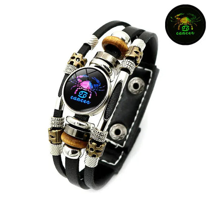 Glow-in-the-Dark 12 Leather Zodiac Bracelet for Men and Women(6.9/8.1in)
