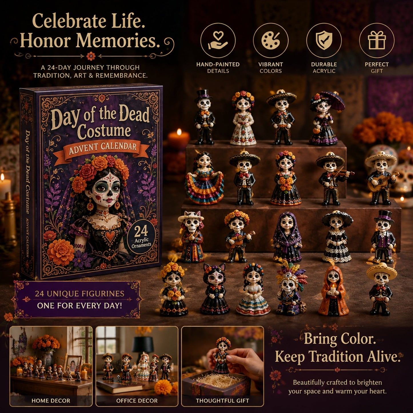CHRISTMAS KICKOFF 49% OFF - 2026 Day of the Dead Costume Blind Box - 24‑Day Festive Countdown, Acrylic Ornaments Blind Box - Gift For Mexican Culture Lovers