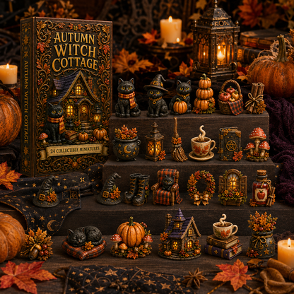 Autumn Witch Cottage Advent Calendar 2026 – 24 Cozy Witchy Miniatures, Black Cat Collectibles & Magical Fall Cottage Surprises, Acrylic Charms Blind Box