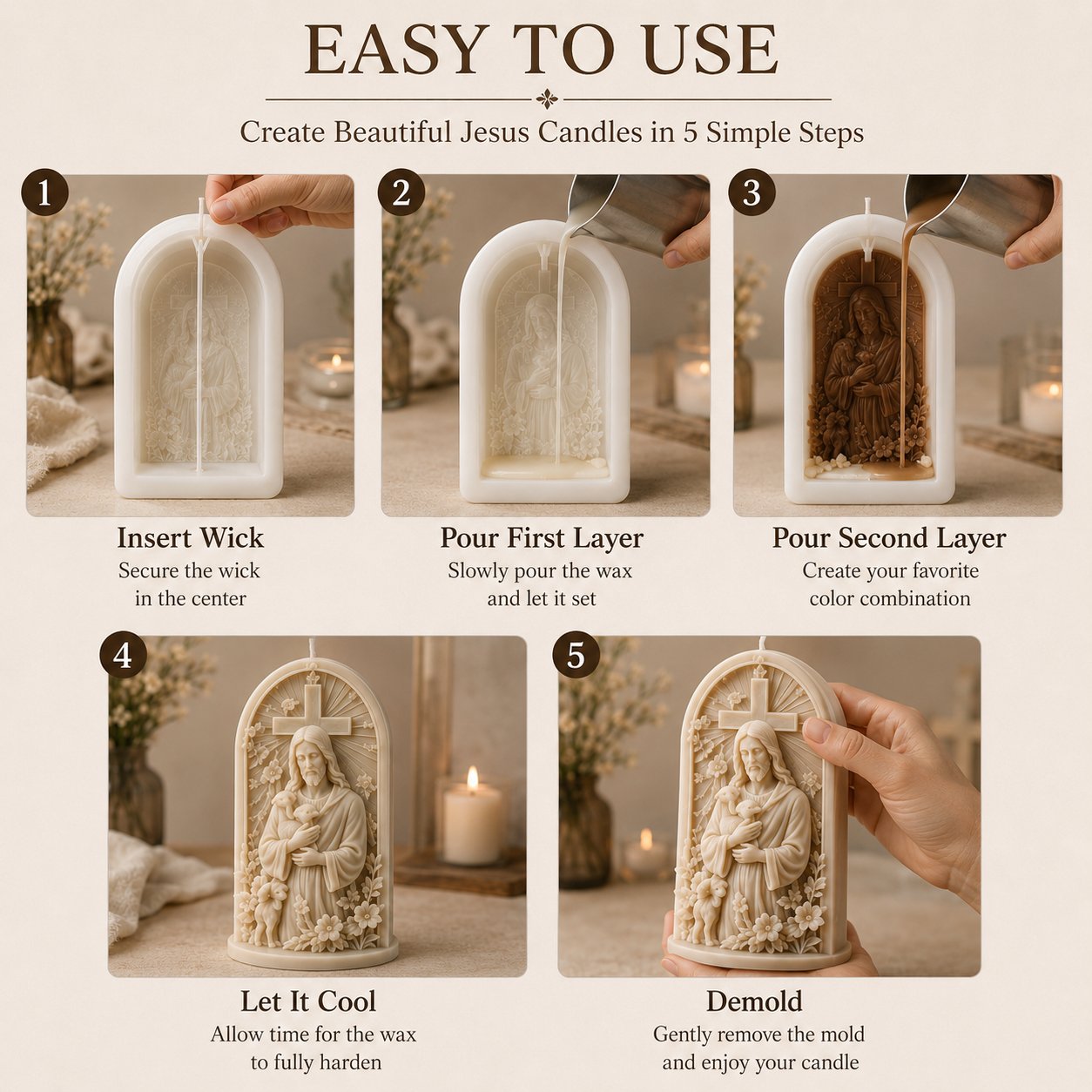 ⏳ Last Day 49% OFF – ✝️ 2-Piece Good Shepherd Jesus 3D Candle Mold Set | Sculpted Cross, Lamb & Floral Relief for Faith-Inspired Handmade Candles 🕯️✨