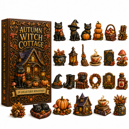 Autumn Witch Cottage Advent Calendar 2026 – 24 Cozy Witchy Miniatures, Black Cat Collectibles & Magical Fall Cottage Surprises, Acrylic Charms Blind Box