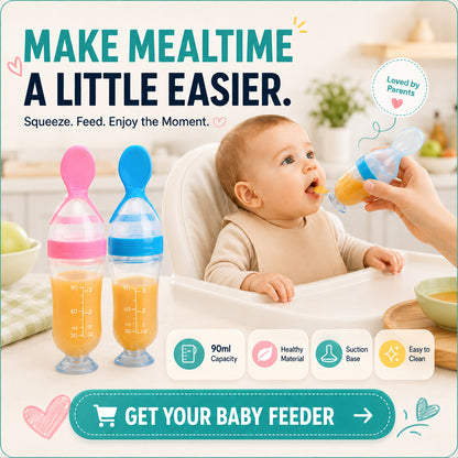 🌸👶 90ml Baby Food Squeeze Feeder – One-Hand Feeding Spoon with Suction Base