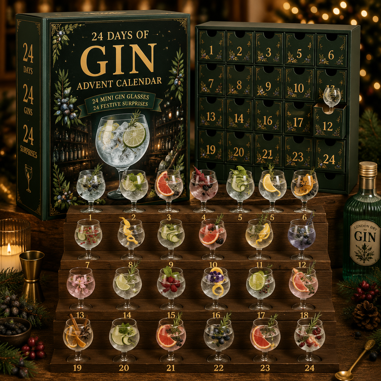 CHRISTMAS KICKOFF 49% OFF - 2026 Days of Gin Glasses Blind Box - 24-Day Festive Countdown, Gin Themed Collectible Miniatures Blind Box - Gift For Gin Lovers