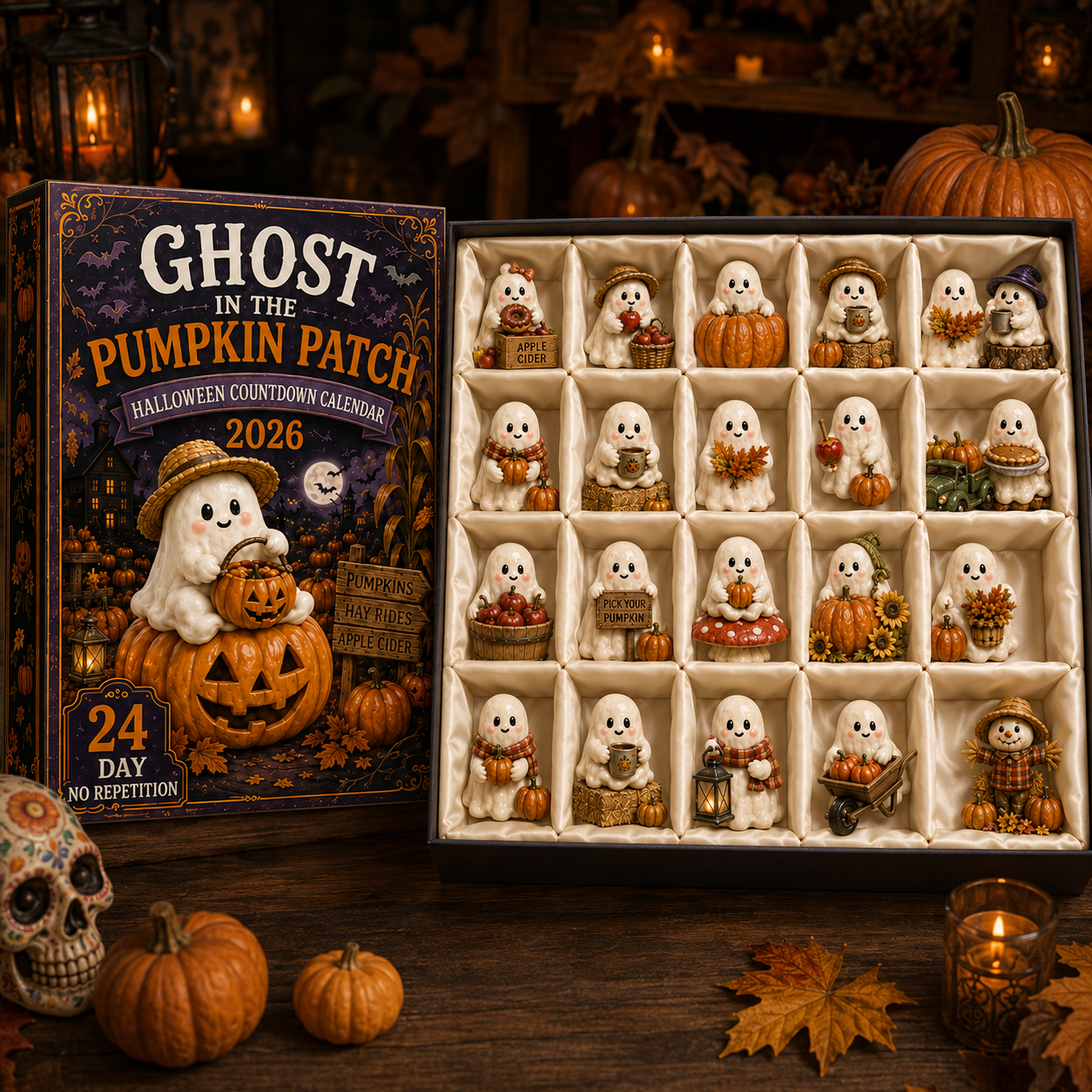 Ghost in the Pumpkin Patch Advent Calendar 2027 – 24 Unique Halloween Ghost Miniatures,