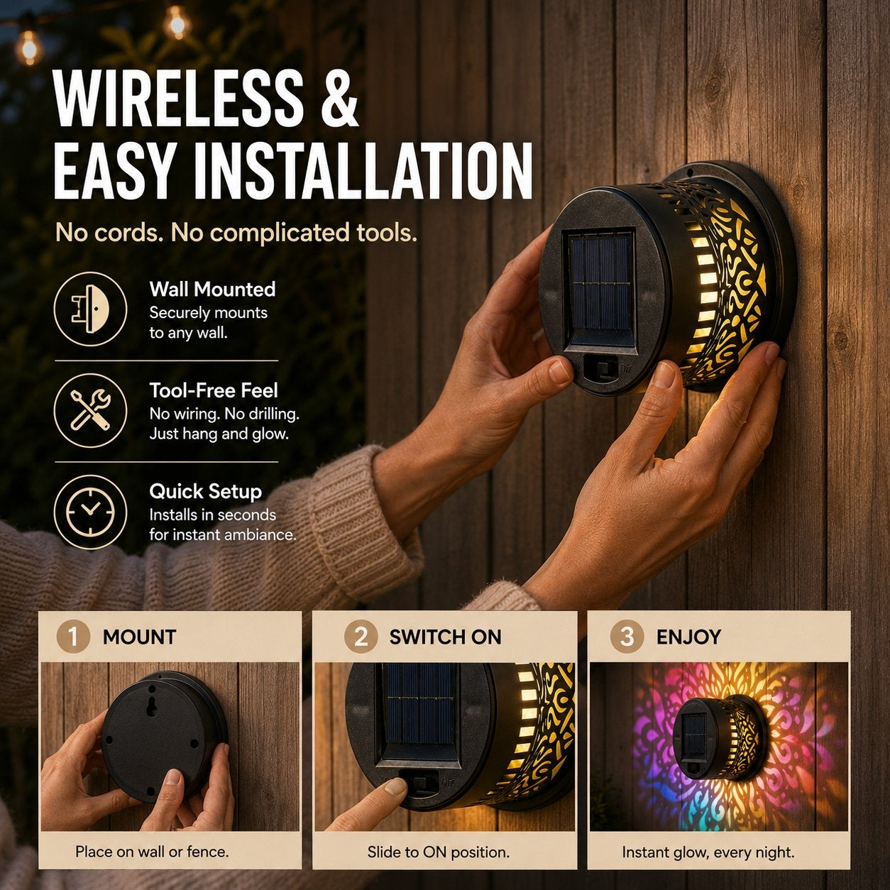 Solar Mandala Projector Wall Lights – Colorful Outdoor Garden Fence Lights 🌈✨