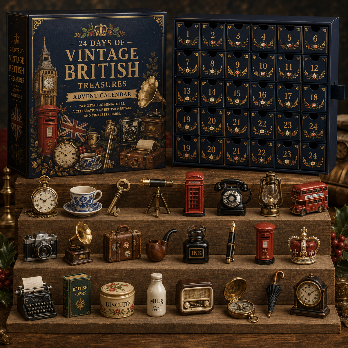 CHRISTMAS KICKOFF 49% OFF - 2026 Days of Vintage British Treasures Blind Box - 24-Day Festive Countdown, Vintage British Themed Collectible Miniatures Blind Box - Gift For British Culture Lovers