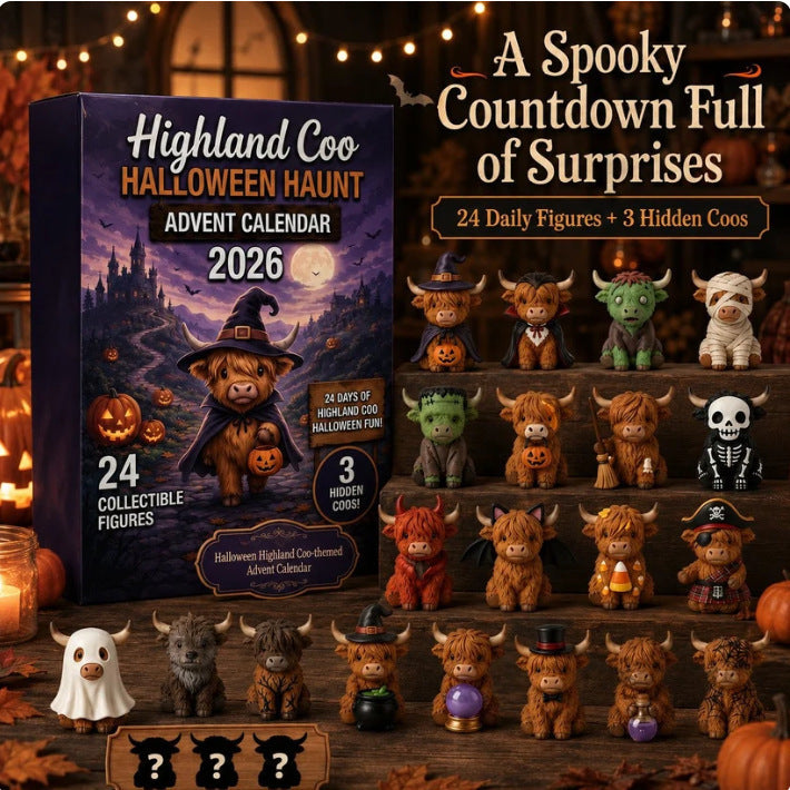 CHRISMAST KICKOFF 48% OFF - 2026 Highland Coo Halloween Haunt Advent Calendar Blind Box - 24-Day Festive Countdown, Acrylic Charms Blind Box - Gift For Dog Lovers