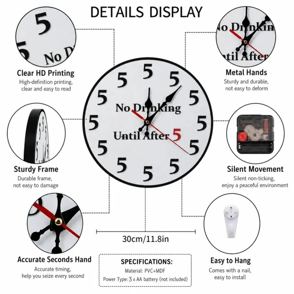 Funny 'No Drinking Until After 5' Round Wall Clock