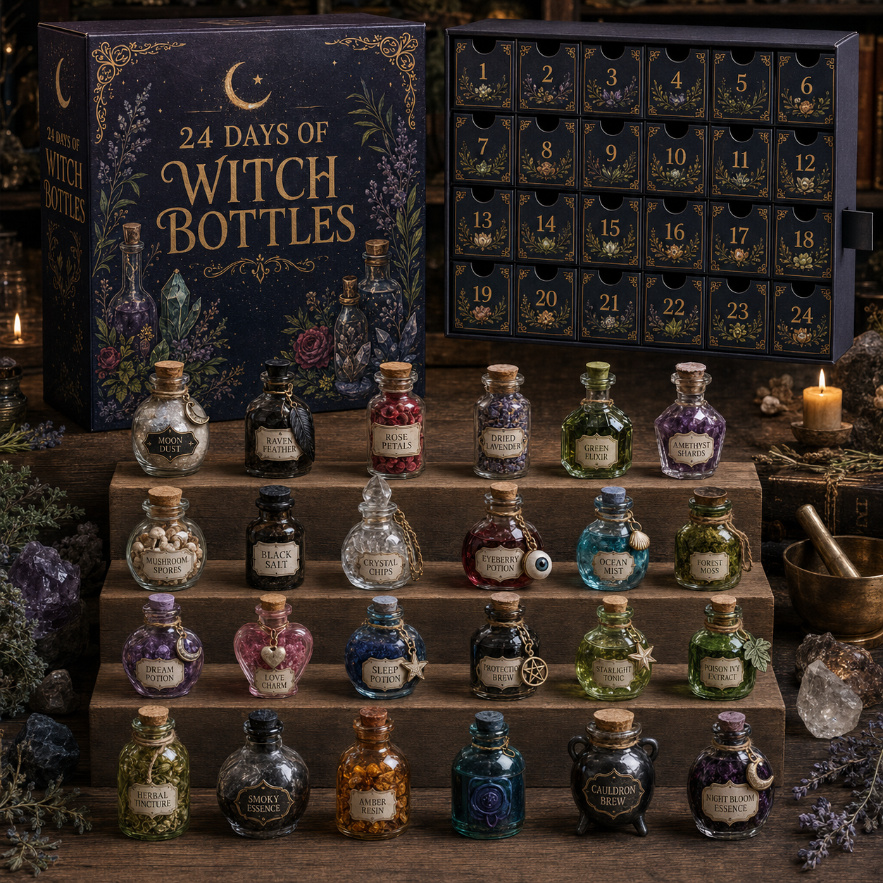 CHRISTMAS KICKOFF 49% OFF - 2026 Days of Witch Bottles Blind Box - 24‑Day Festive Countdown, Witch Bottles Themed Collectible Miniatures Blind Box - Gift For Witchcraft & Potion Lovers