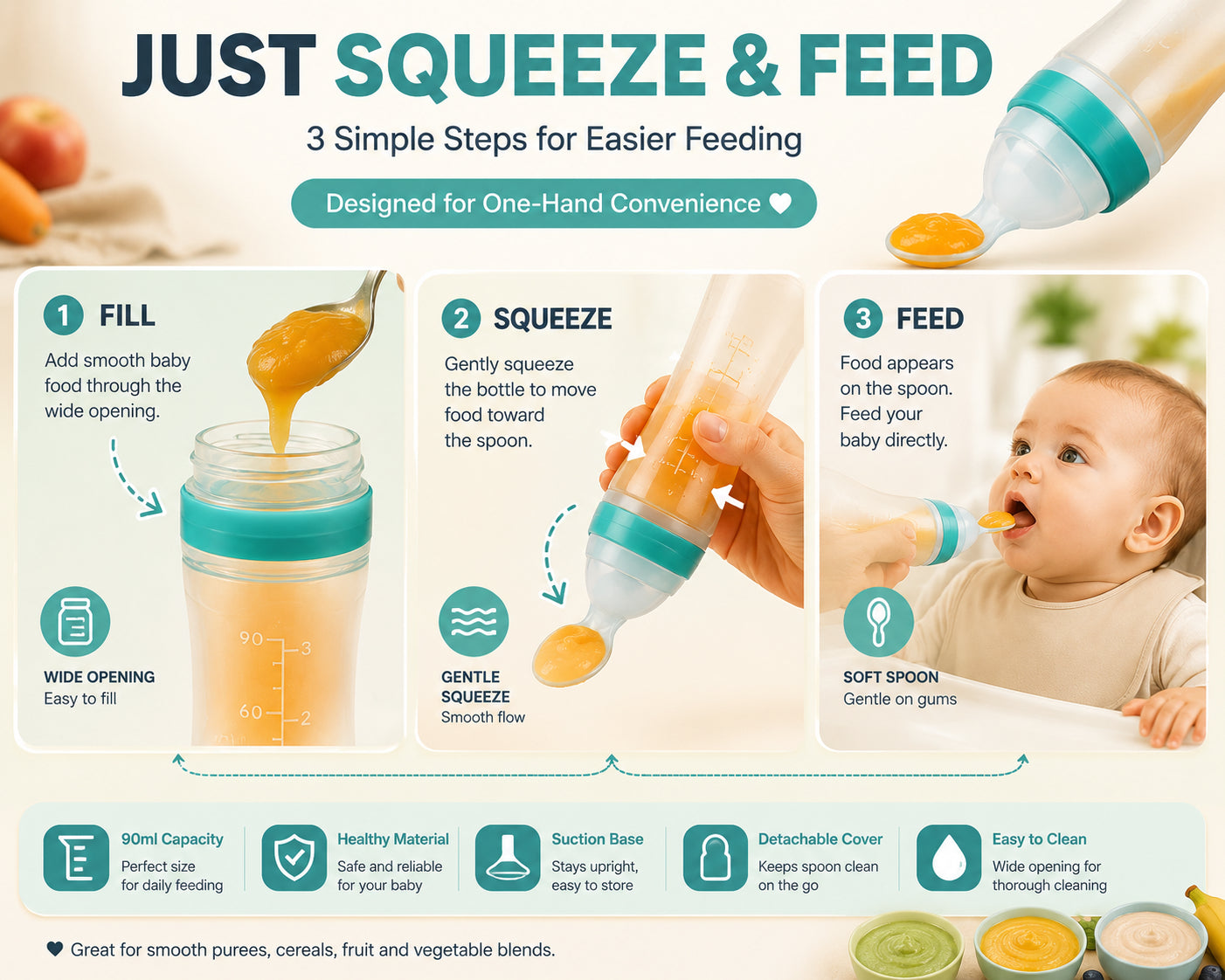 🌸👶 90ml Baby Food Squeeze Feeder – One-Hand Feeding Spoon with Suction Base